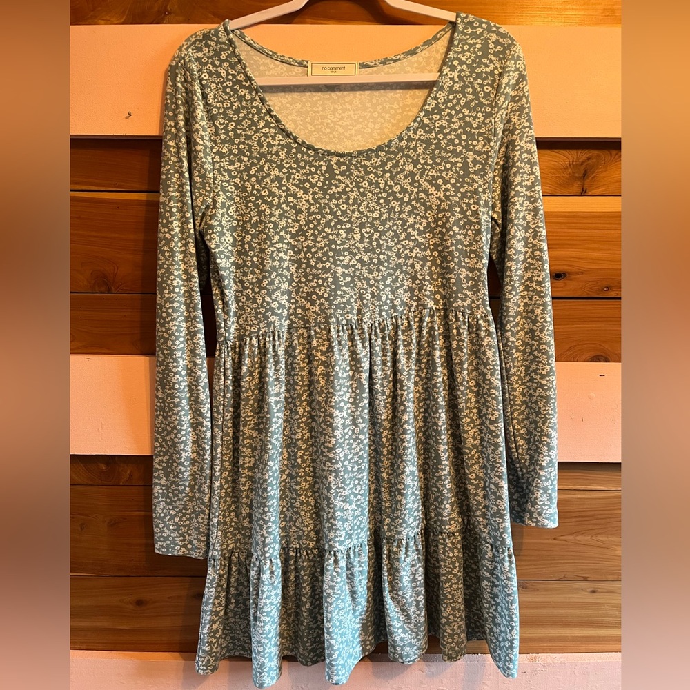 Blue and White Long Sleeve Scoop Neck Sundress